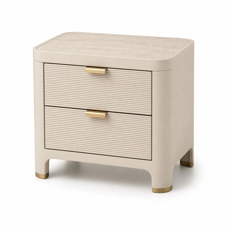 Mesita de noche moderna beige con dos cajones-merulyn